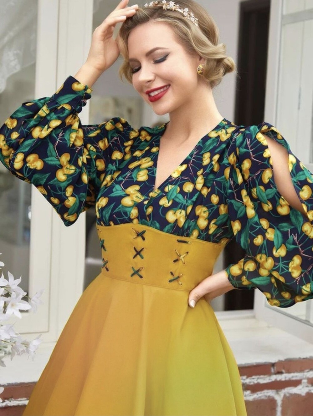 VINTAGE-Style RETRO Fit & Flare COTTON Lace-up Corset Midi Dress Size L
